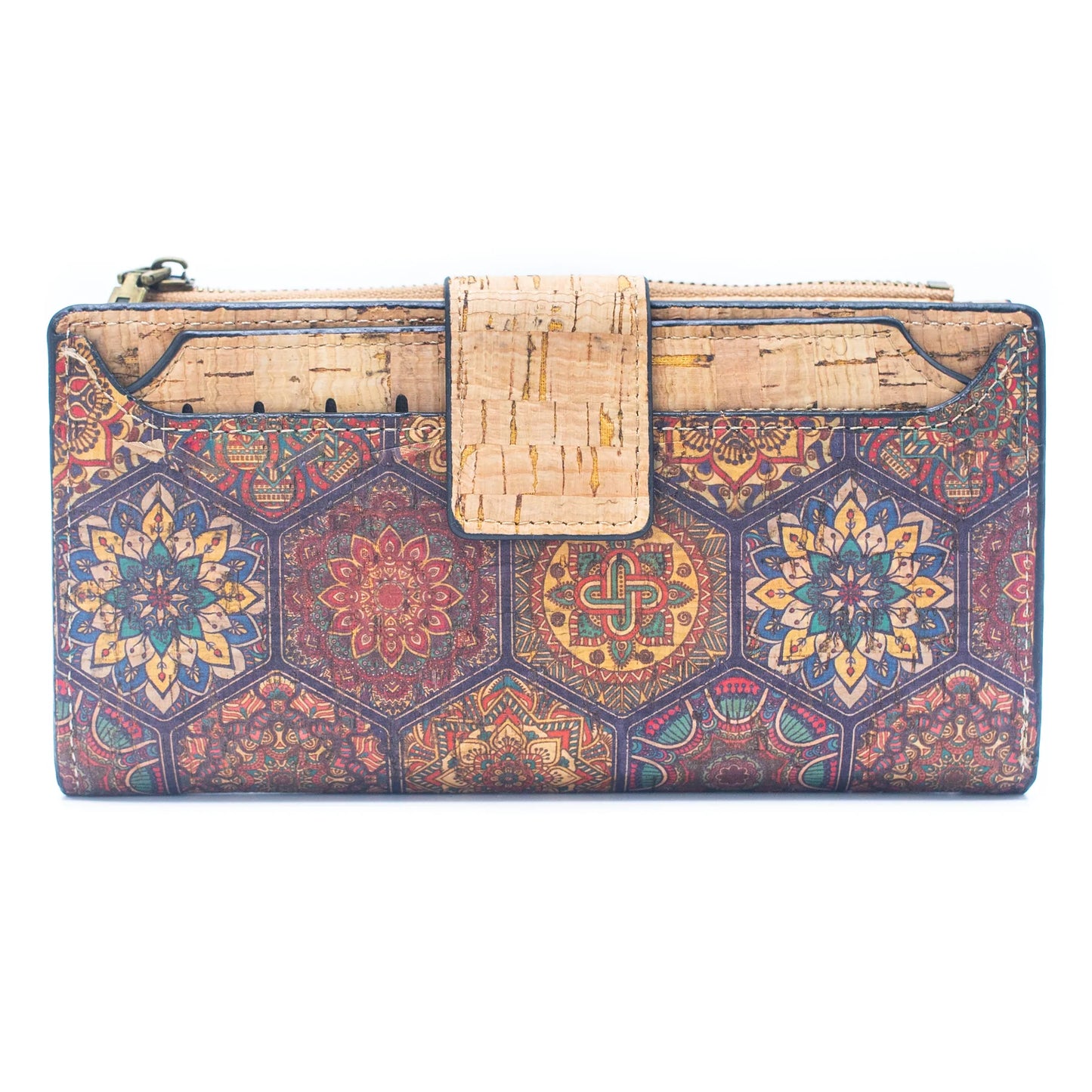 Natural Cork Wallet with Floral Print and Mosaic Pattern