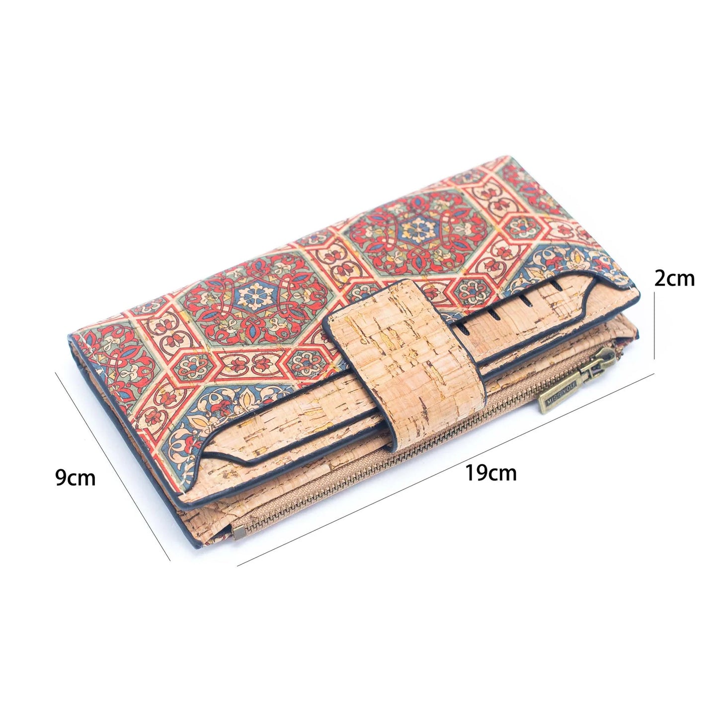 Natural Cork Wallet with Floral Print and Mosaic Pattern