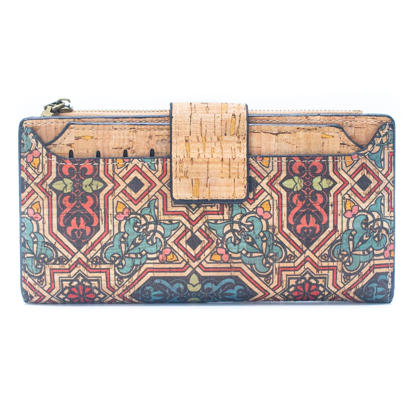 Natural Cork Wallet with Floral Print and Mosaic Pattern