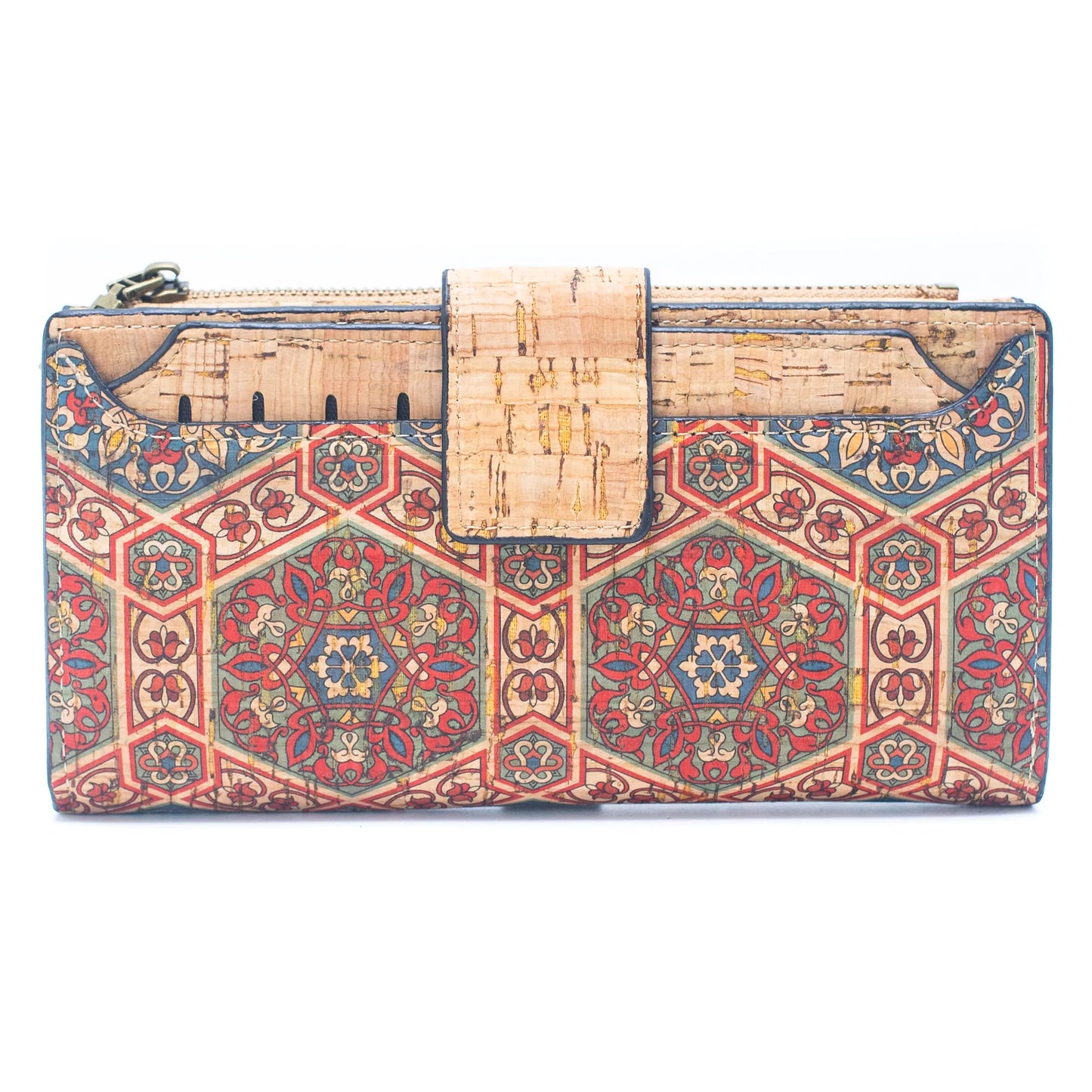 Natural Cork Wallet with Floral Print and Mosaic Pattern