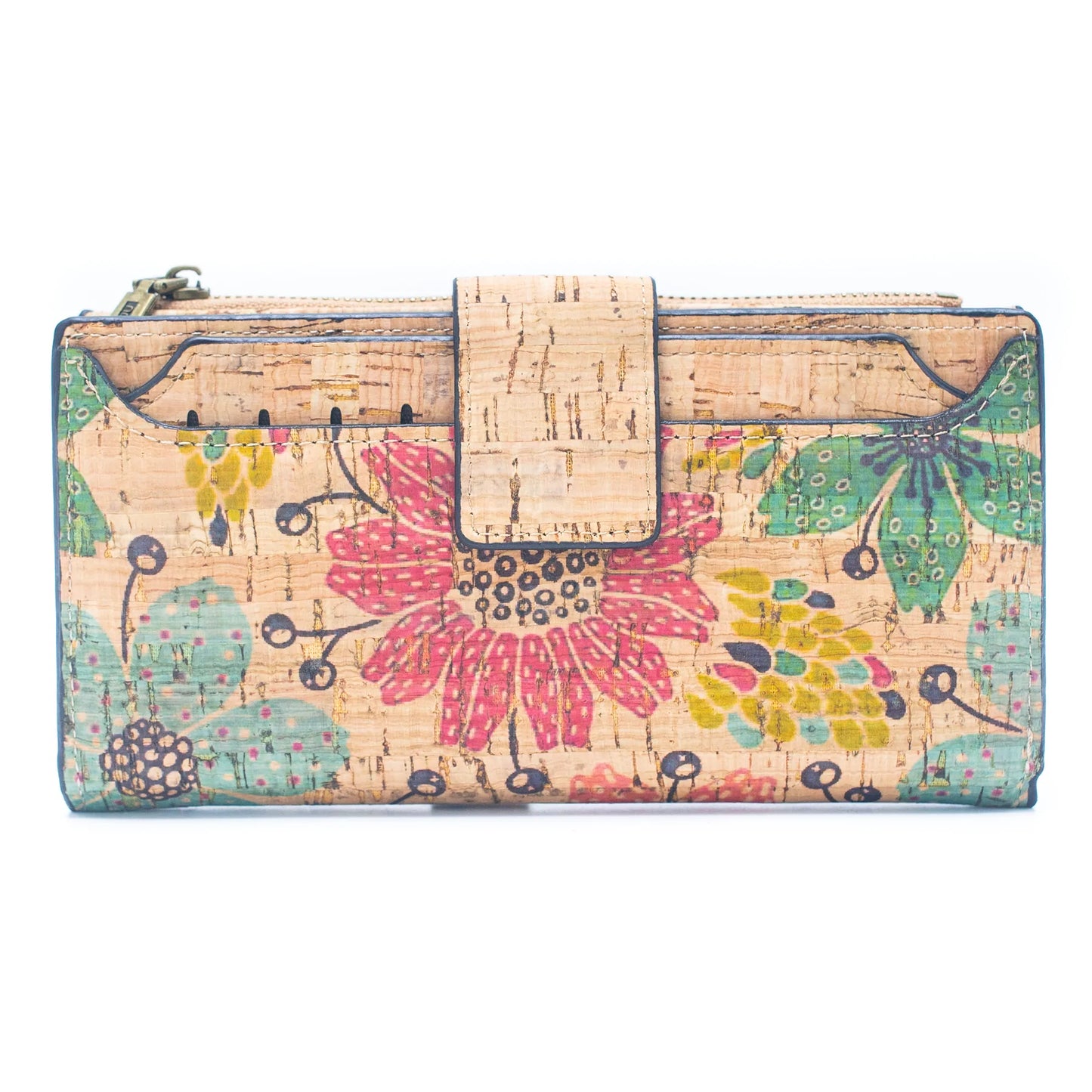 Natural Cork Wallet with Floral Print and Mosaic Pattern