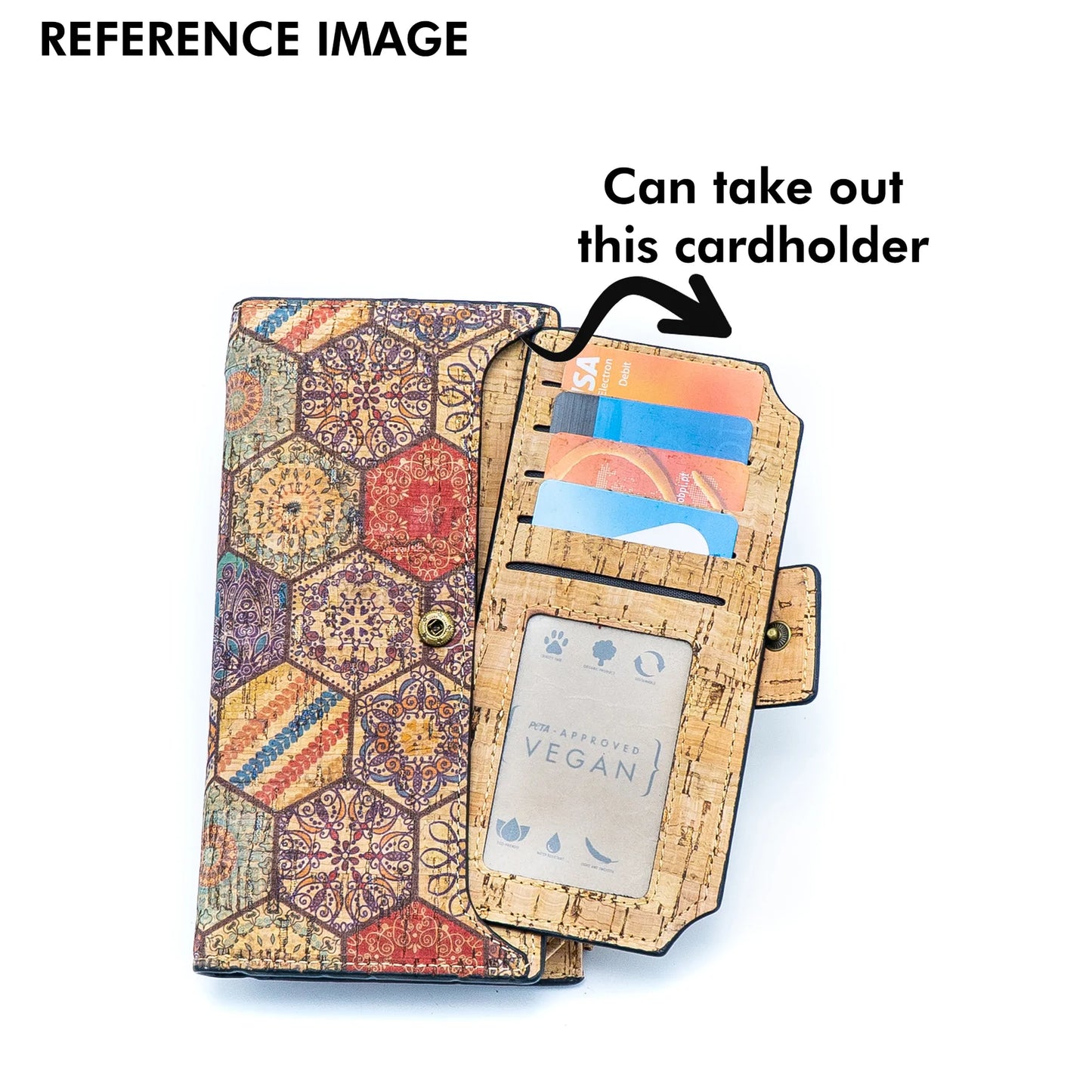 Natural Cork Wallet with Floral Print and Mosaic Pattern