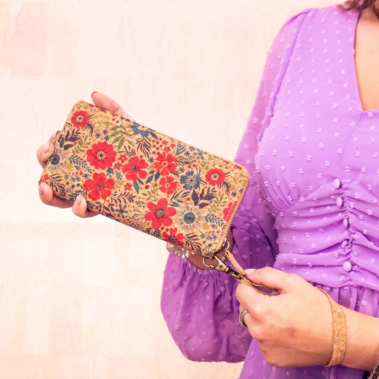 Natural cork with flower pattern zipper women wallet