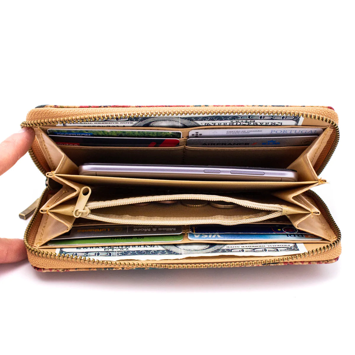 Natural cork with flower pattern zipper women wallet