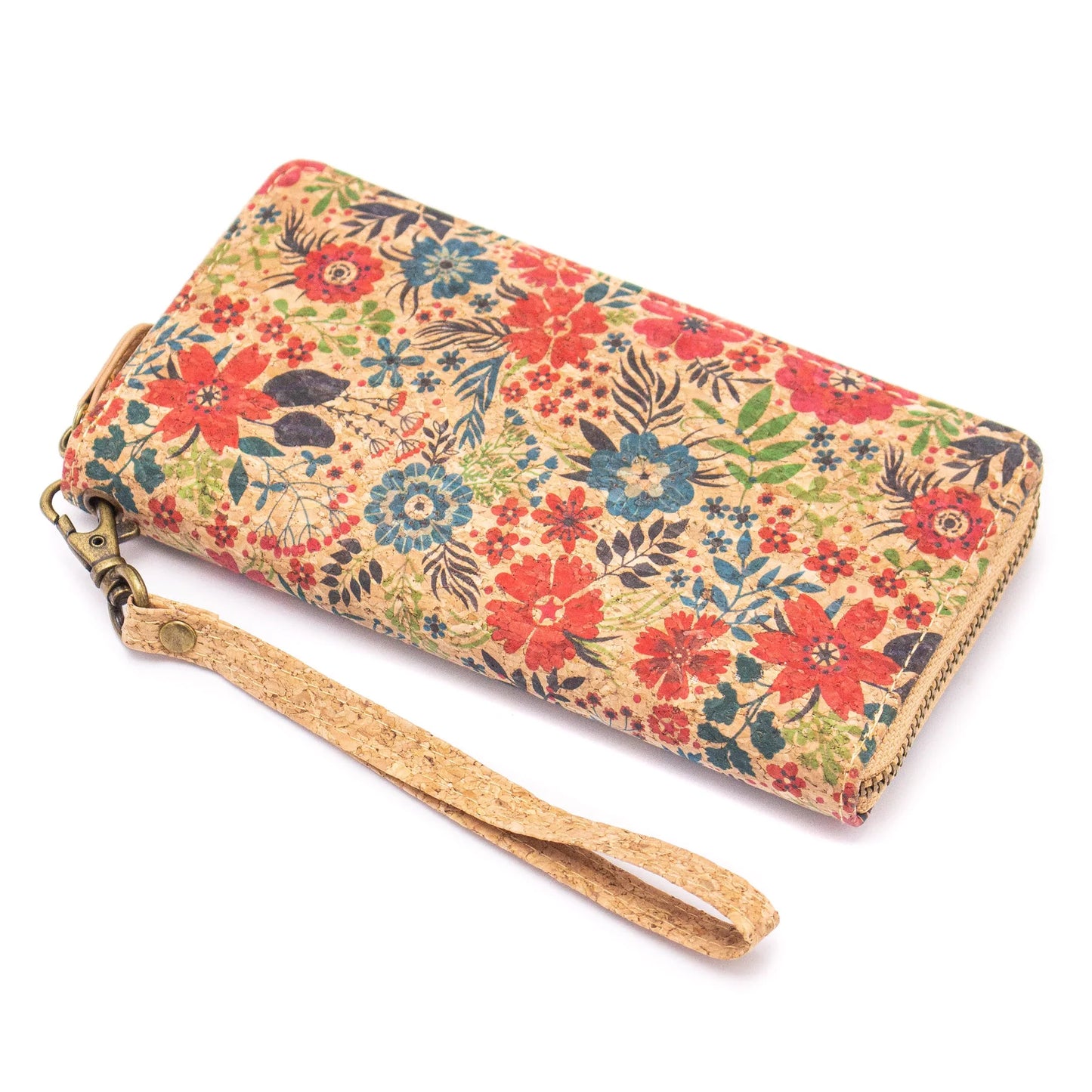 Natural cork with flower pattern zipper women wallet