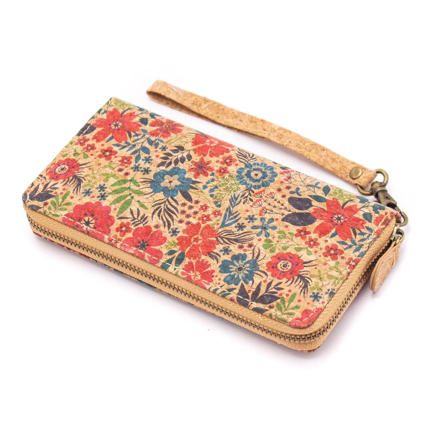 Natural cork with flower pattern zipper women wallet