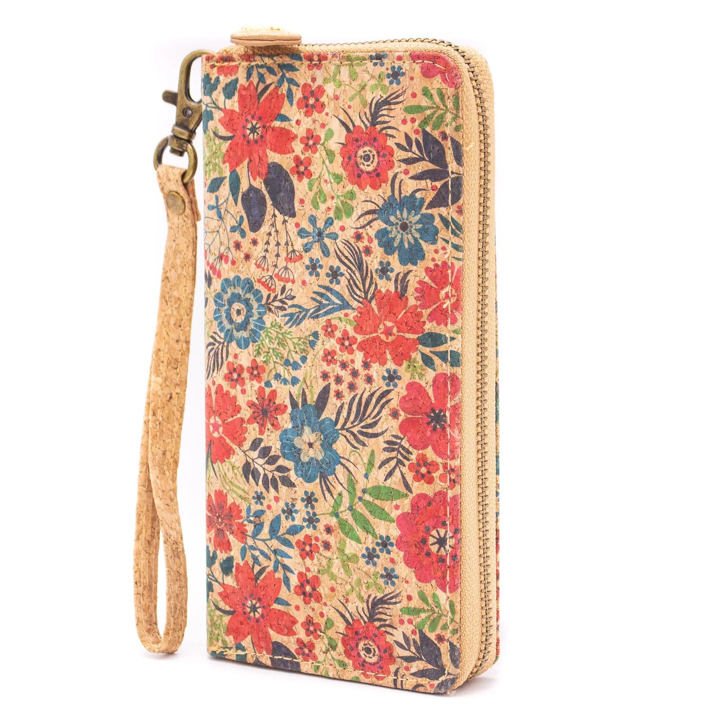 Natural cork with flower pattern zipper women wallet
