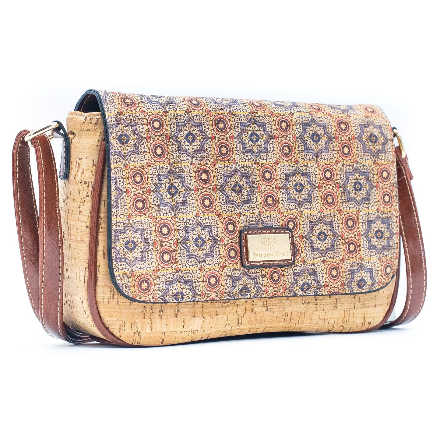 Natural Cork Crossbody Bag with Traditional Mosaic Print