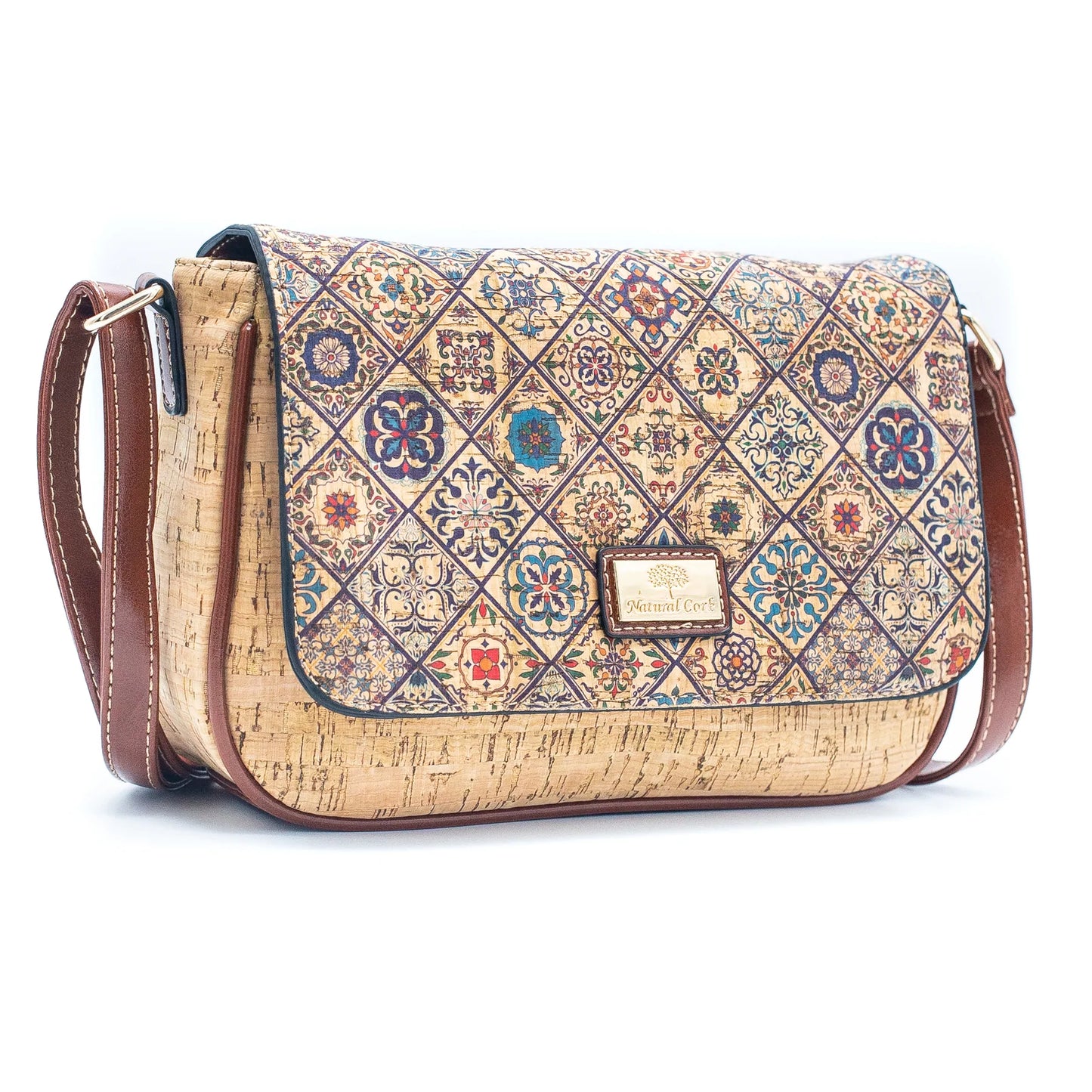 Natural Cork Crossbody Bag with Traditional Mosaic Print