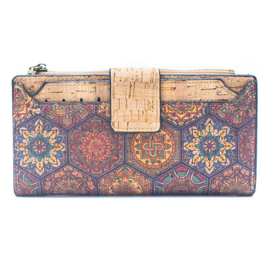 Natural Cork Wallet with Floral Print and Mosaic Pattern